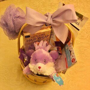 Purple Basket Spa Bundle, plush bunny, treat bags, spa essentials